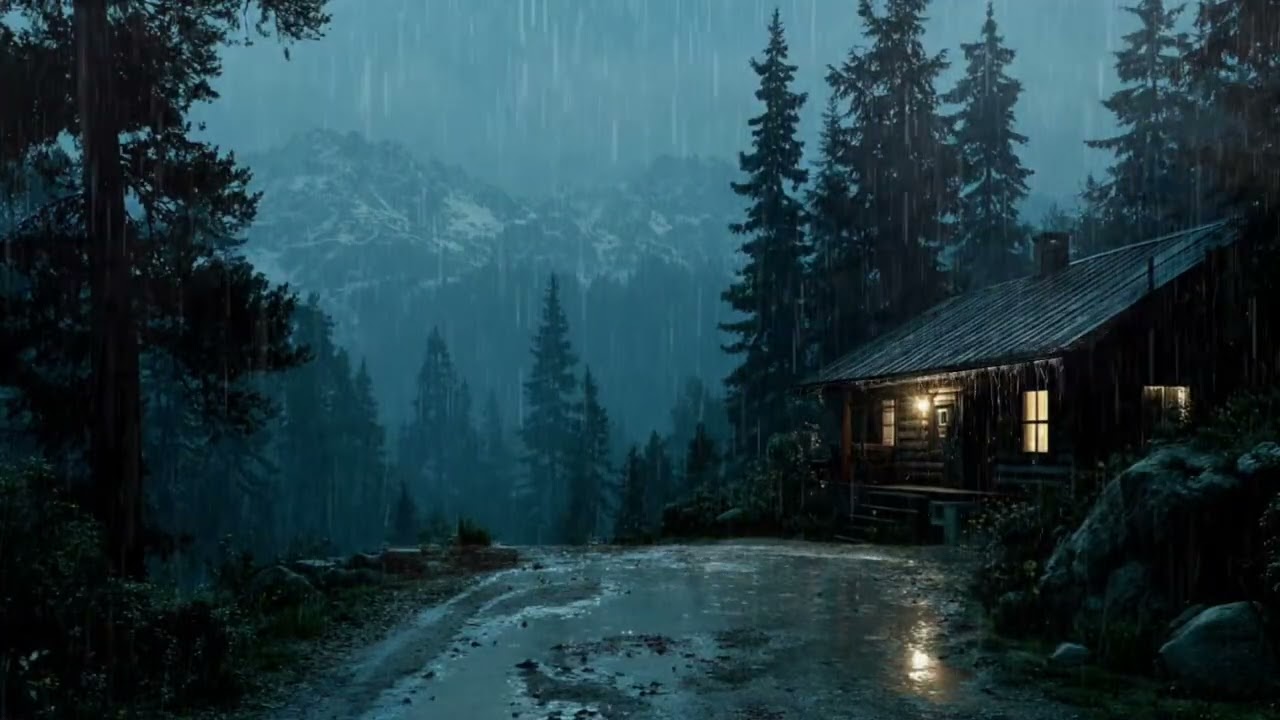 Cozy Cabin Night Storm | Rain Echo, Waterfall Flow & Soft Thunder
