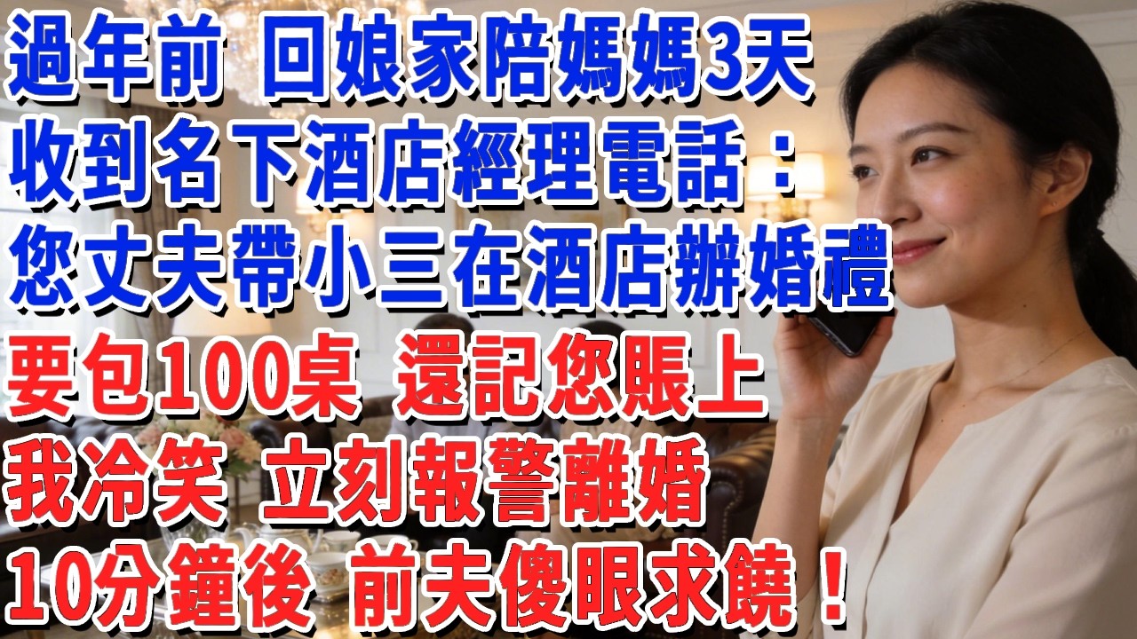 過年前 回娘家陪媽媽3天，收到名下酒店經理電話：您丈夫帶小三在酒店辦婚禮，要包100桌 還記您賬上，我冷笑 立刻報警離婚，10分鐘後 前夫傻眼求饒！#小娟講故事 #情感故事 #老年生活