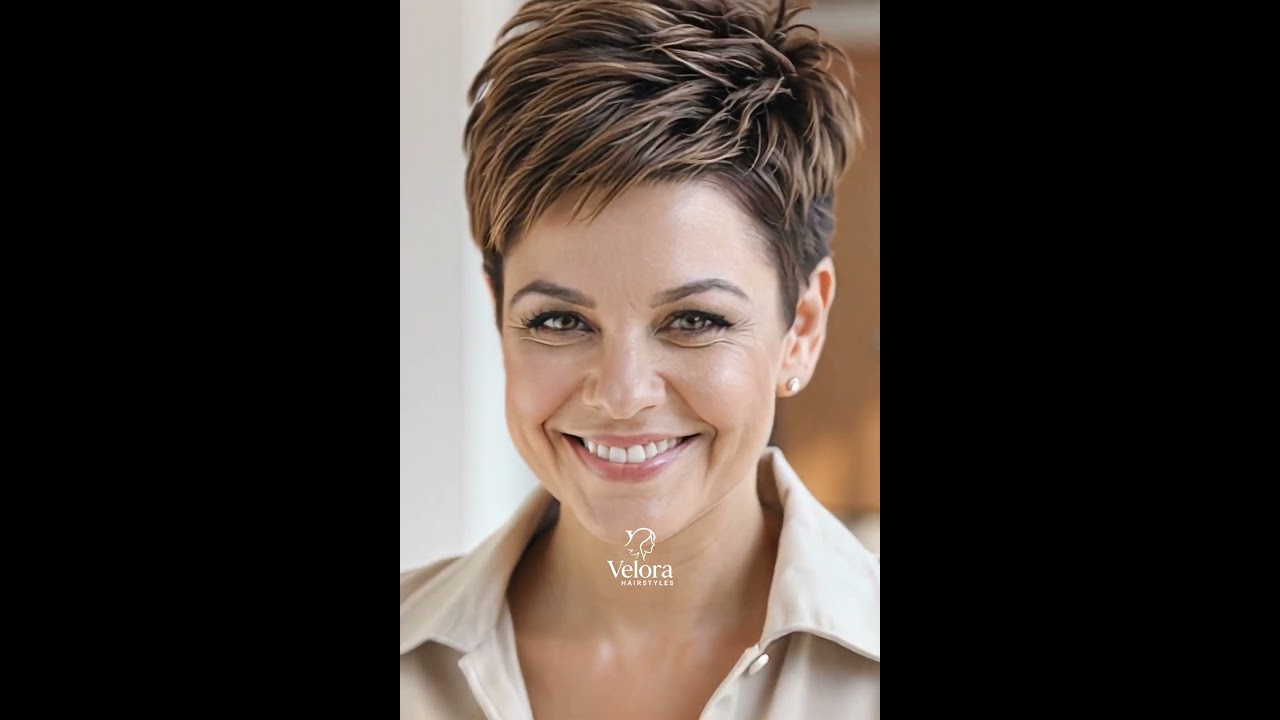Layered warm-brown pixie enhancing cheekbones while creating sleek vertical lift and soft definition