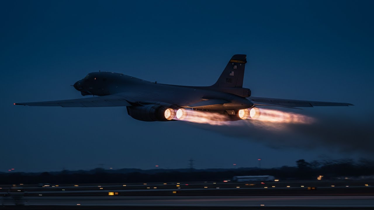 БЕЗУМНЫЙ ночной взлет B-1B Lancer с включенным форсажем | Мощь бомбардировщика ВВС США