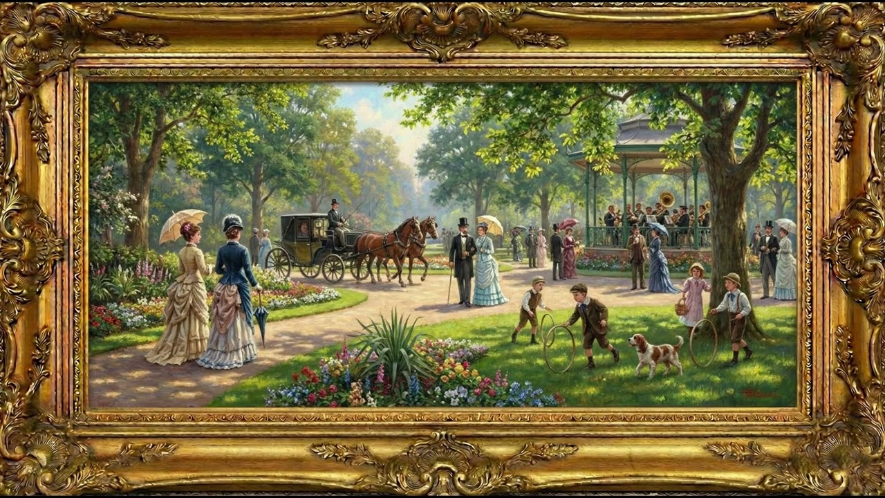 4K Victorian Park Scene Painting | NaturalPainting Baroque Frame Leisure Art