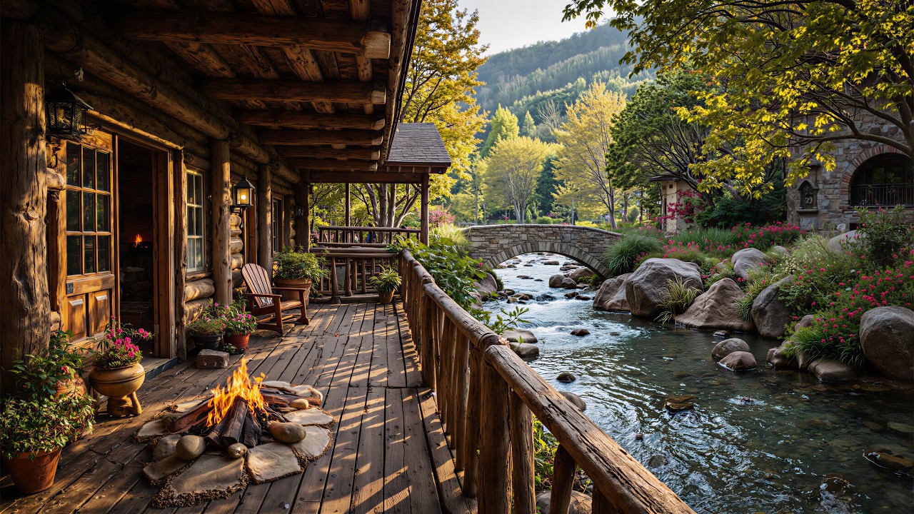 Calming Piano Music with Spring Forest Riverside 🌿🔥 Crackling Fire pit & Nature Sounds Ambience