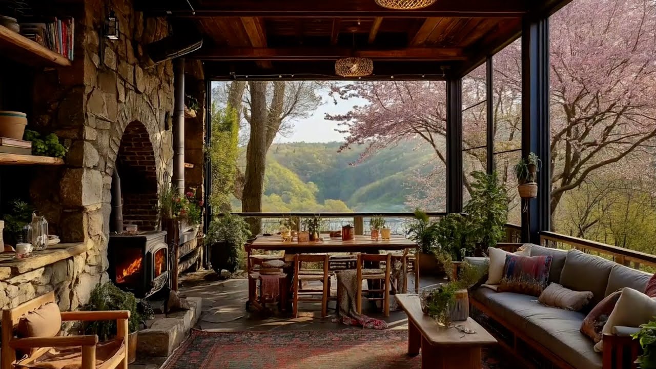 Spring Jazz Ambience 🌸 Cozy Sunroom with Cherry Blossoms & Fireplace Sounds for Study & Focus