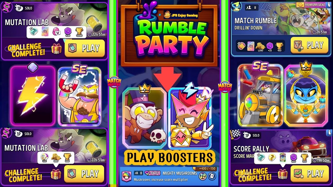 (3 Solo+1 Rumble+PARTY) Mutation Lab/ Score Market+Mushrooms 🍄/ Drillin'Down/ Mighty Mushrooms 