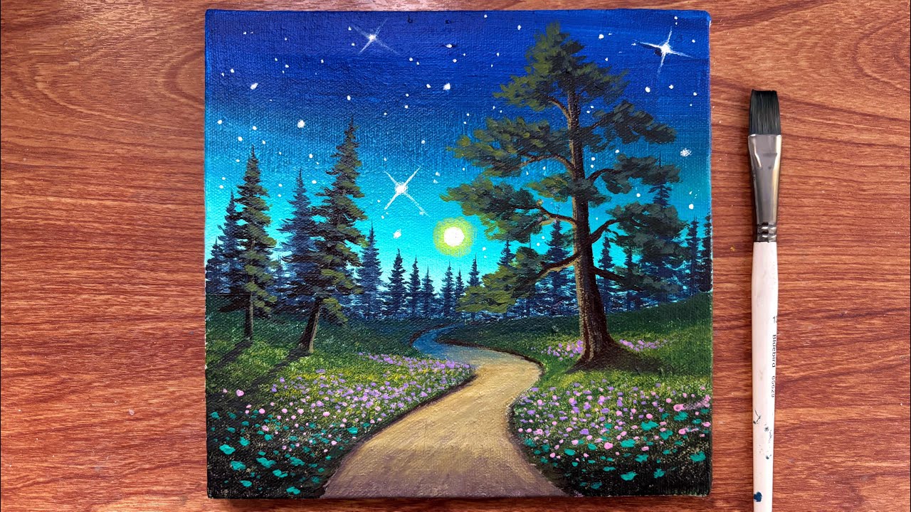 Relaxing Forest Night Painting for beginners | Acrylic Painting | Canvas Painting