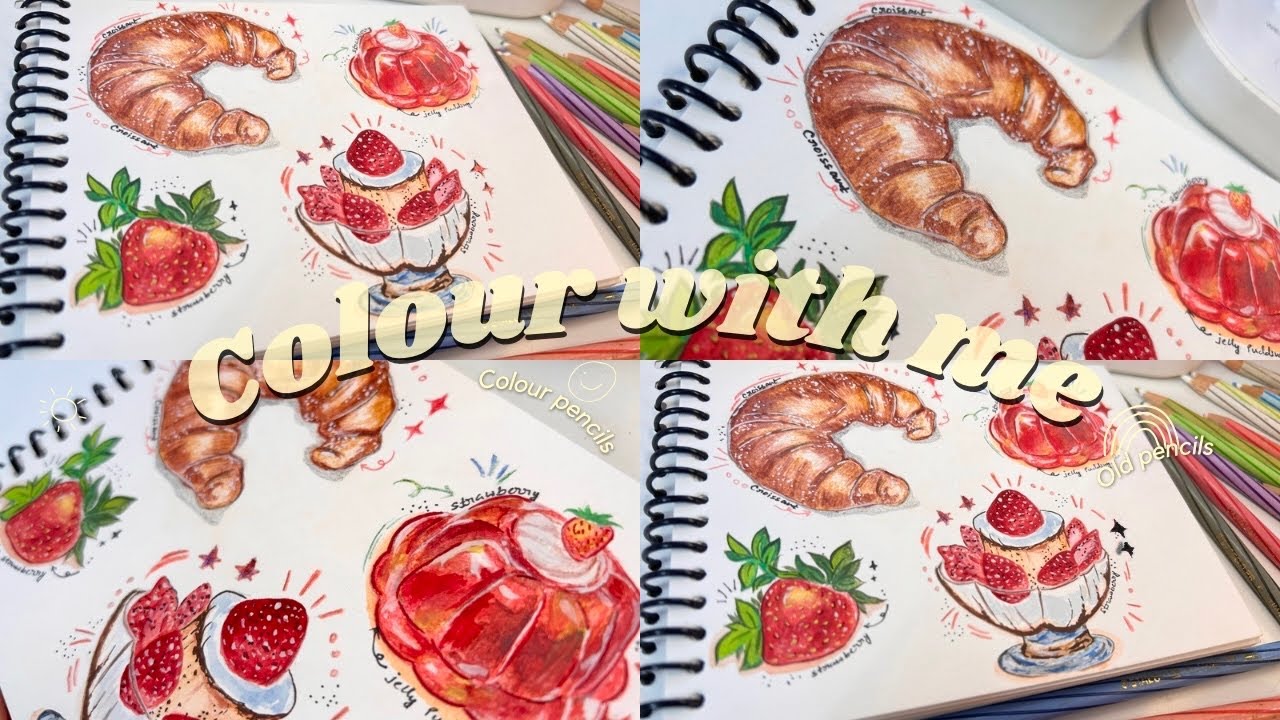 Food illustration ✨Croissant 🥐strawberry 🍓using my old colour pencils🌈🍮