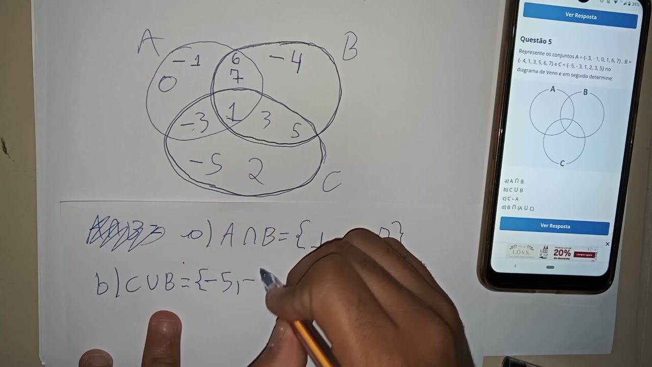 Represente os conjuntos A = {- 3, - 1, 0, 1, 6, 7} , B = {- 4, 1, 3, 5, 6, 7} e ...