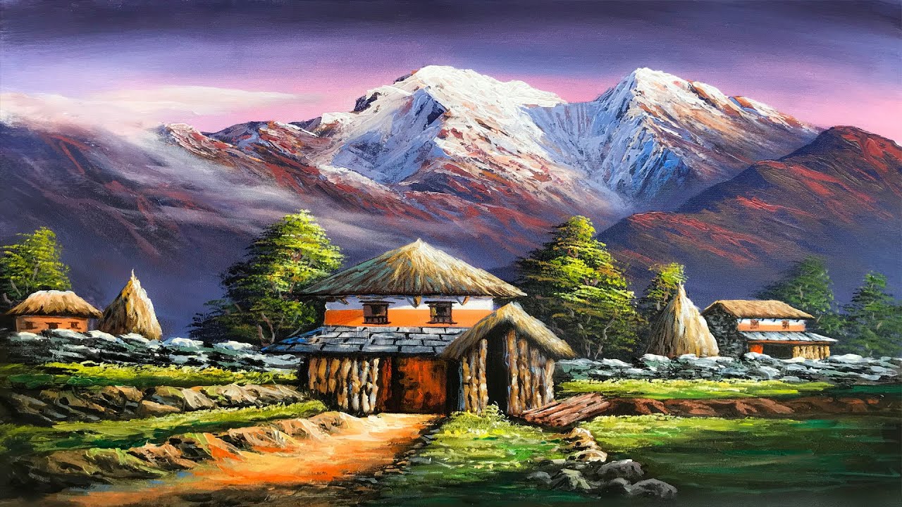 VILLAGE PAINTING | Acrylic Landscape Painting in Time-lapse | Old Village Houses | Nepali Painting