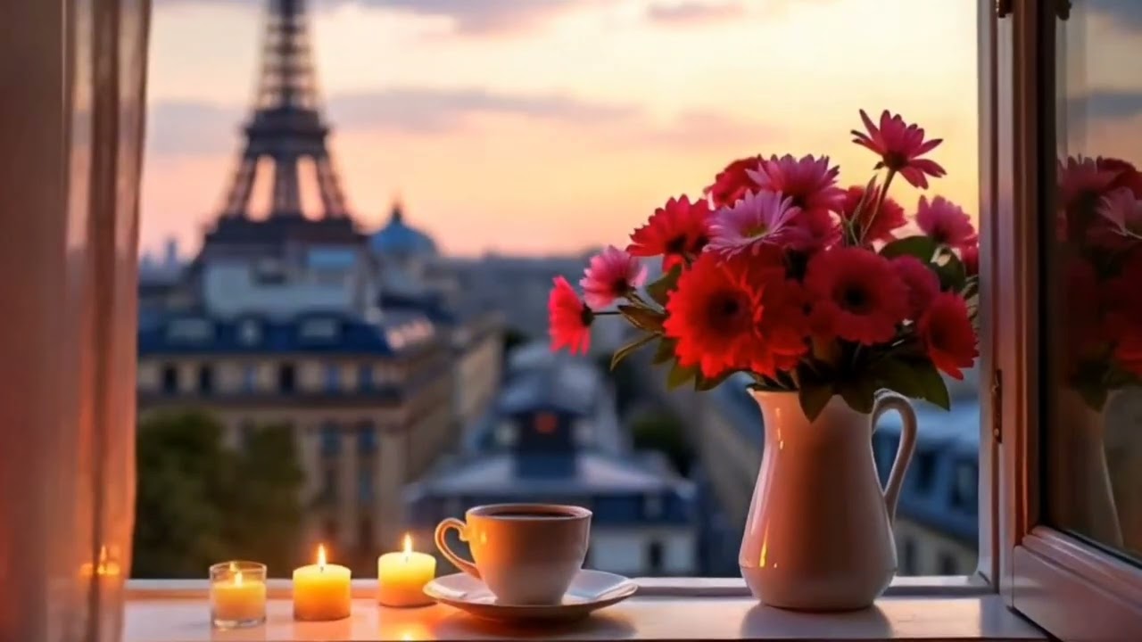A Serene Balcony View of the Eiffel Tower: Flowers, Candles, and a Cup of Coffee