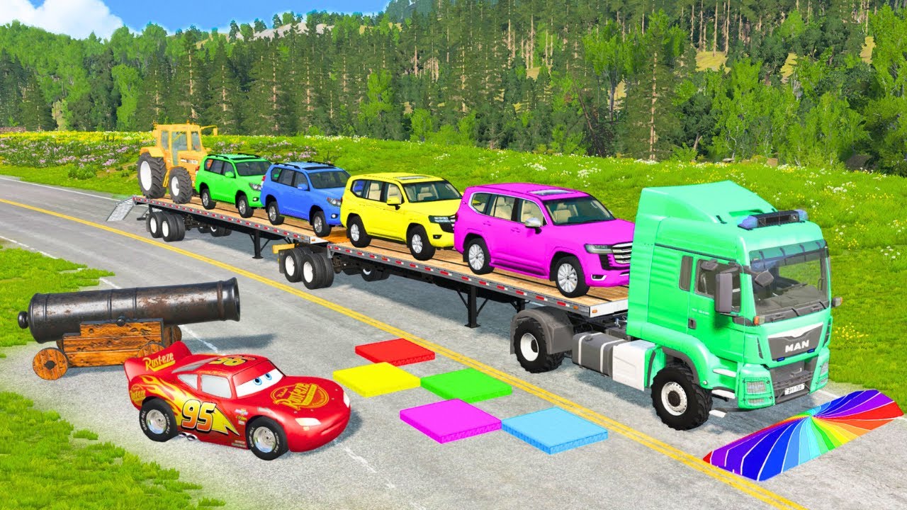 Flatbed Truck Mcqueen | Transportation with Truck - Pothole vs Car #179 - BeamNG.Drive