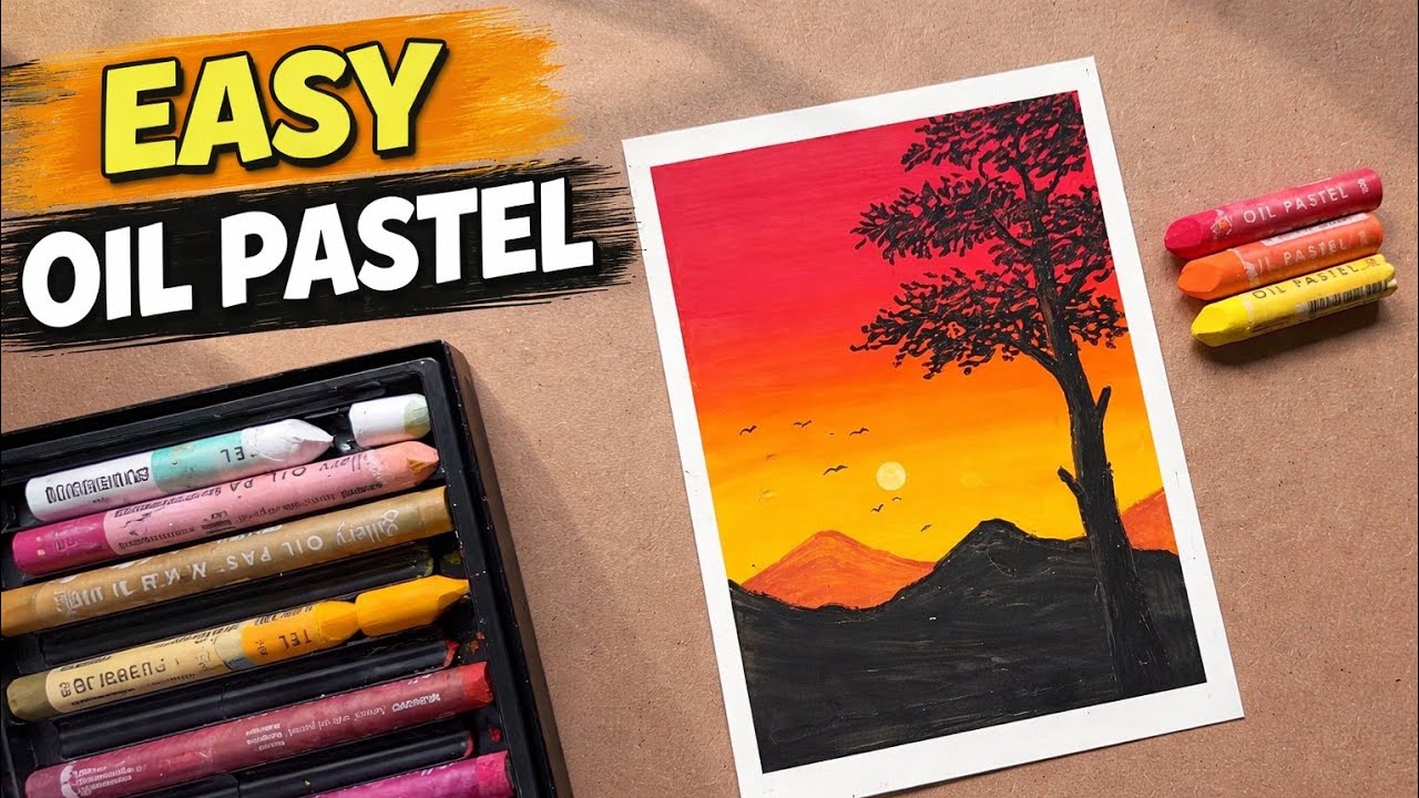 EASY SUNSET SCENERY DRAWING WITH OIL PASTELS STEP BY STEP