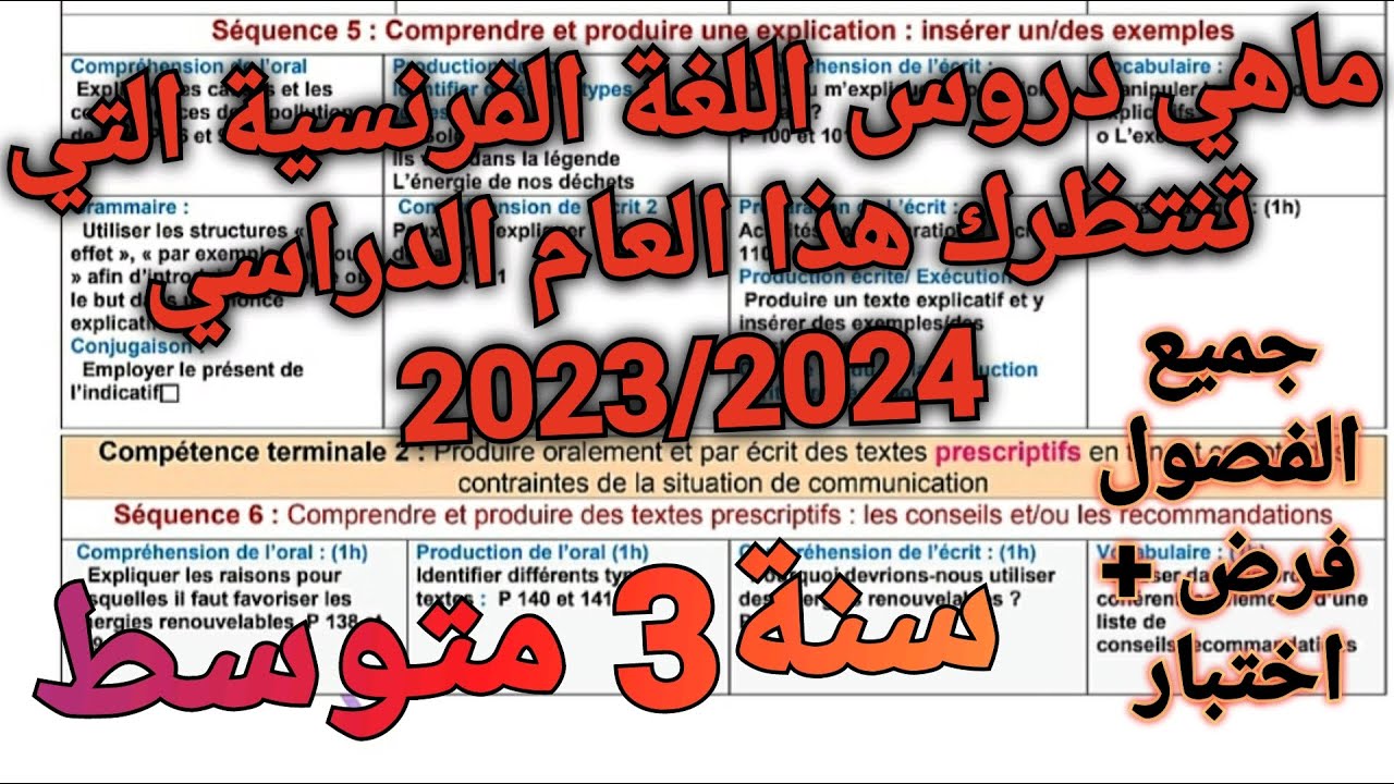 برنامج اللغة الفرنسية سنة3 متوسط لجميع الفصول🤔ماذا ينتظرك في الفرض او الاختبار هذا العام 2023/2024