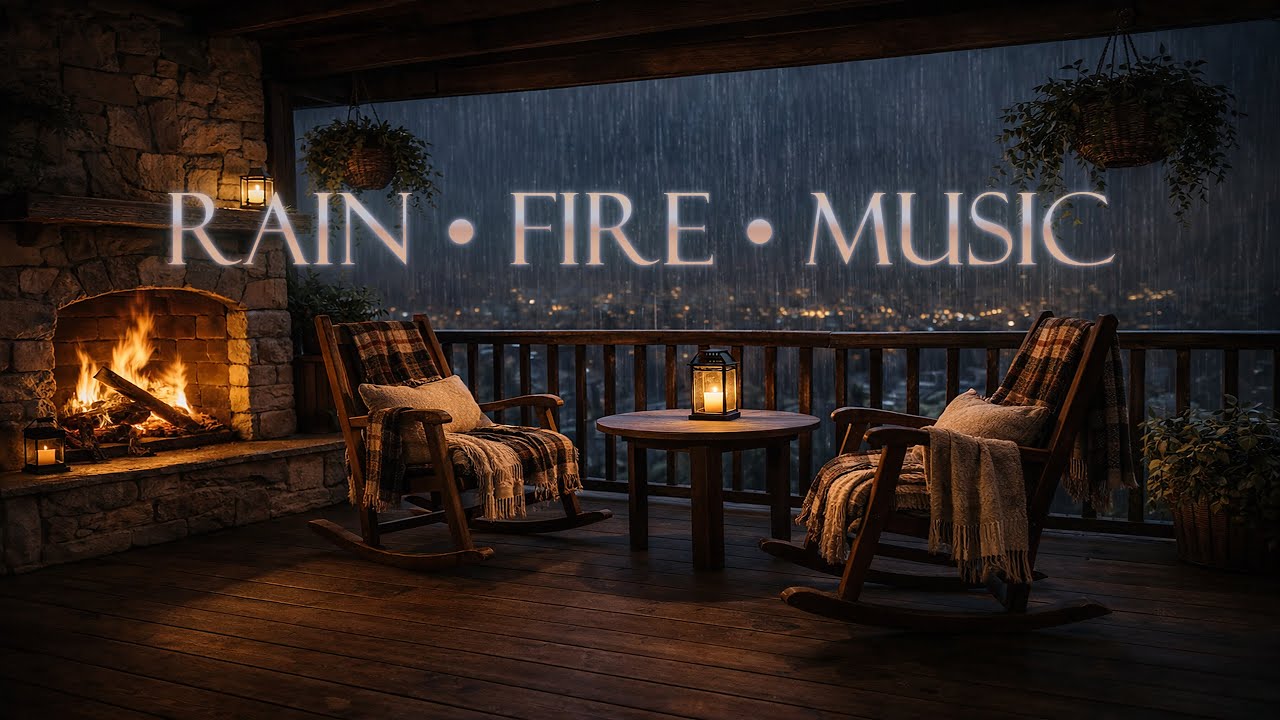 Gentle Rain, Fireplace Crackling & Soft Music –Cozy Porch Night Ambience for Deep Sleep & Relaxation