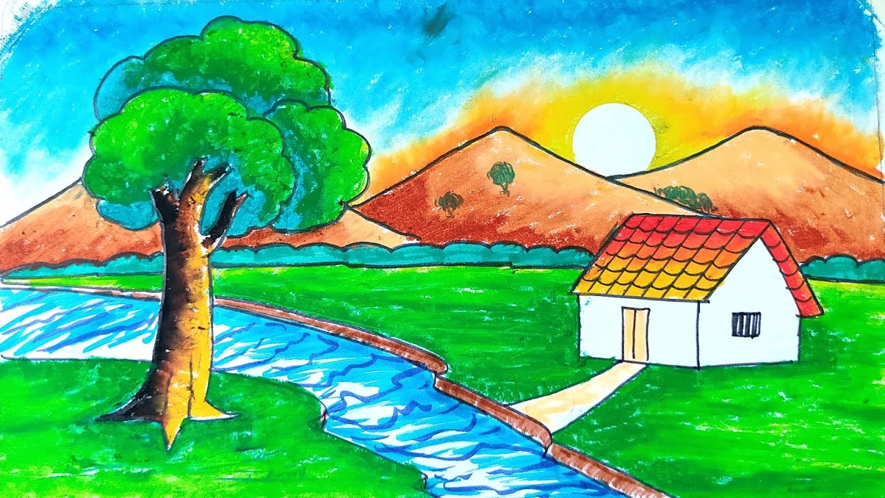 Simple village scenery drawing /River side scenery drawing /scenery drawing /Drawing