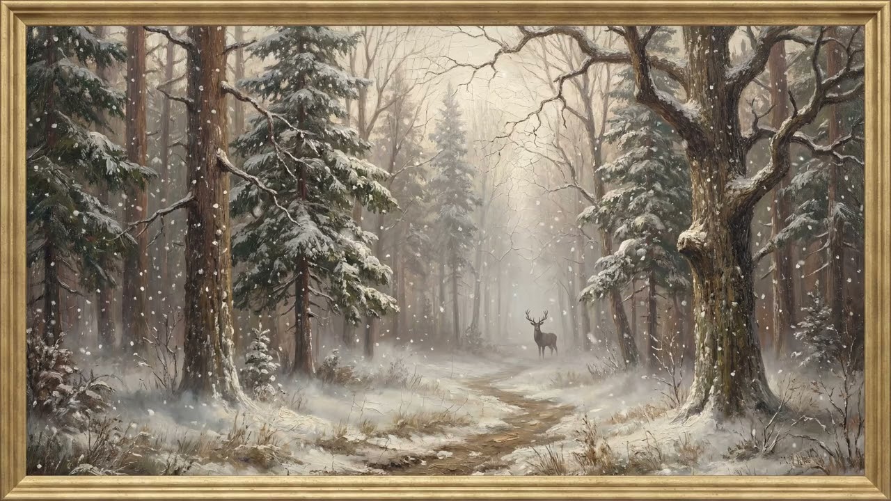 Animated Winter Forest With Deer | Framed Art TV Wallpaper 4K | Oil Painting | 2 Hours | No Music
