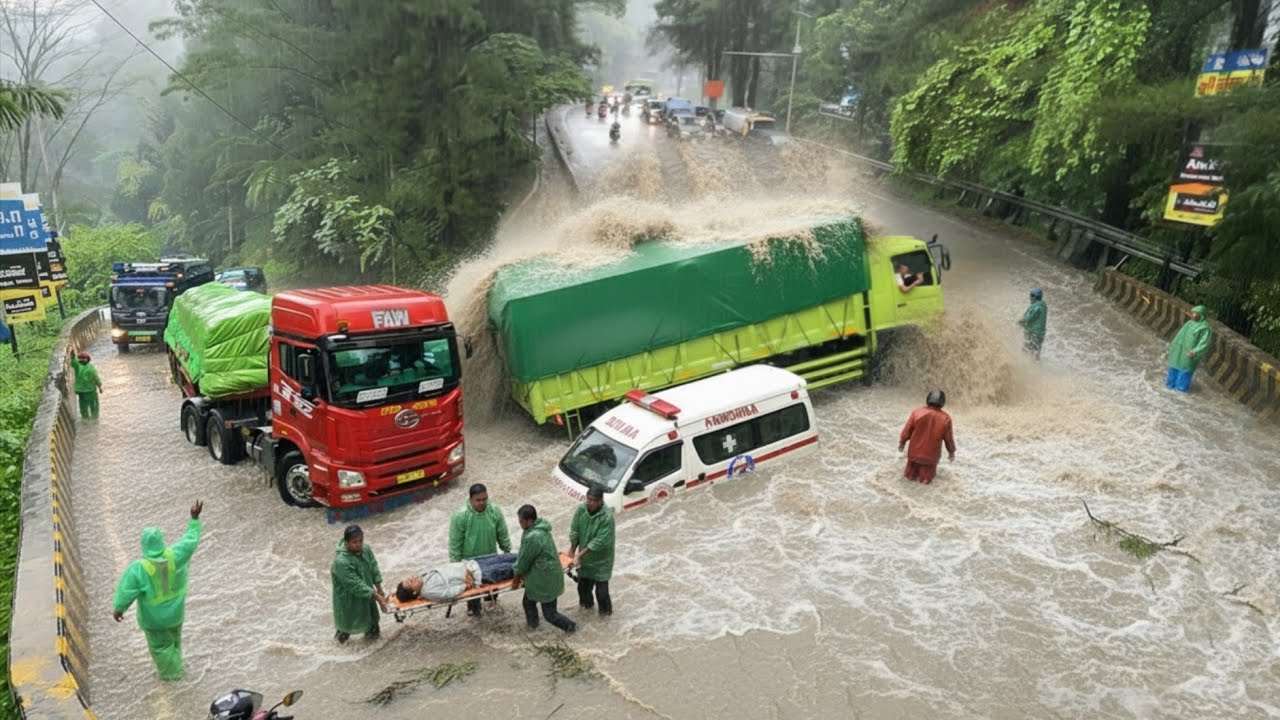 GAWAT., BANJIR SEMAKIN BESAR !!! Jalan Terendam Trailer Siba Surya & Truk Hino Tersiksa Di Tanjakan