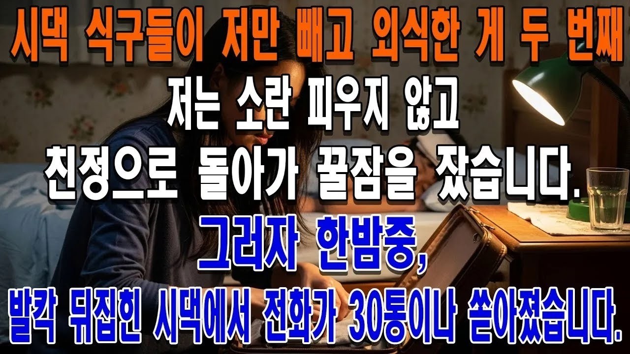 시댁 식구들이 저만 빼고 외식한 게 두 번째, 저는 소란 피우지 않고 친정으로 돌아가 꿀잠을 잤습니다 그러자 한밤중, 발칵 뒤집힌 시댁에서 전화가 30통이나 쏟아졌습니다