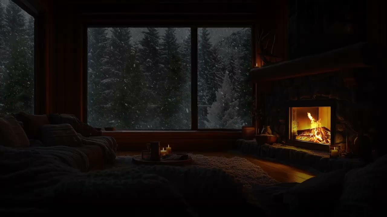 Relaxing Winter Cabin Night Fireplace Sounds with Snow Falling Outside for Better Sleep