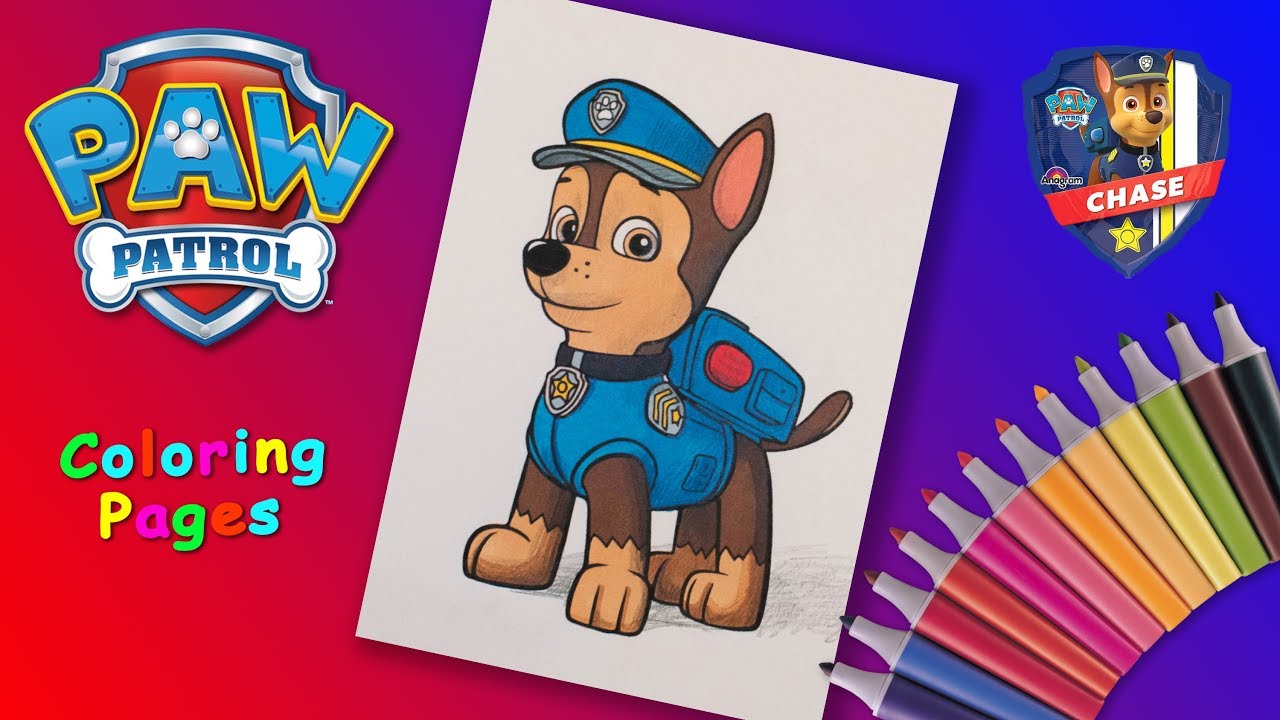 Chase Coloring Page. Paw patrol Coloring book. How to draw Paw Patrol Pups.