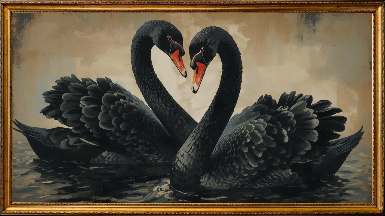Two Black Swans in Heart-Shaped Painted | 2H | Gold Frame TV Art 🔇