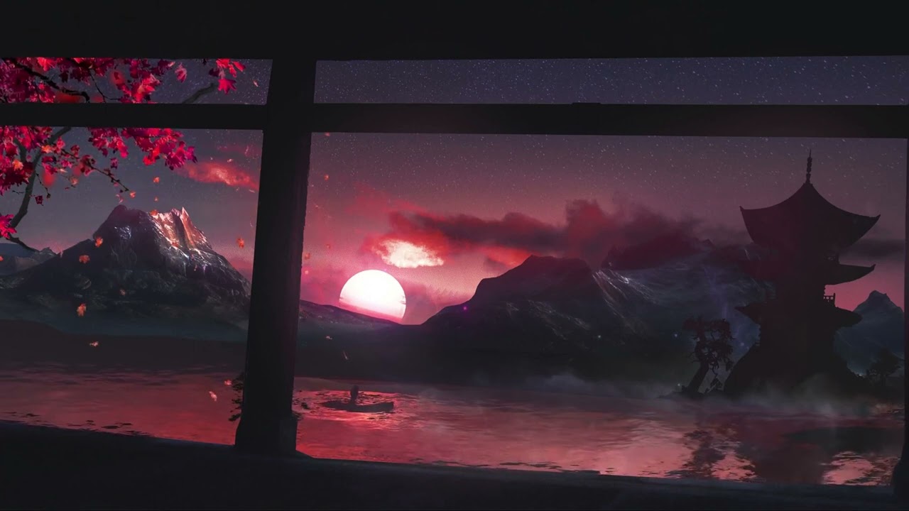 Red atmosphere, Sunset, Lake, Beautiful Red Petals flying around,  Royalty Free Footage, 56*