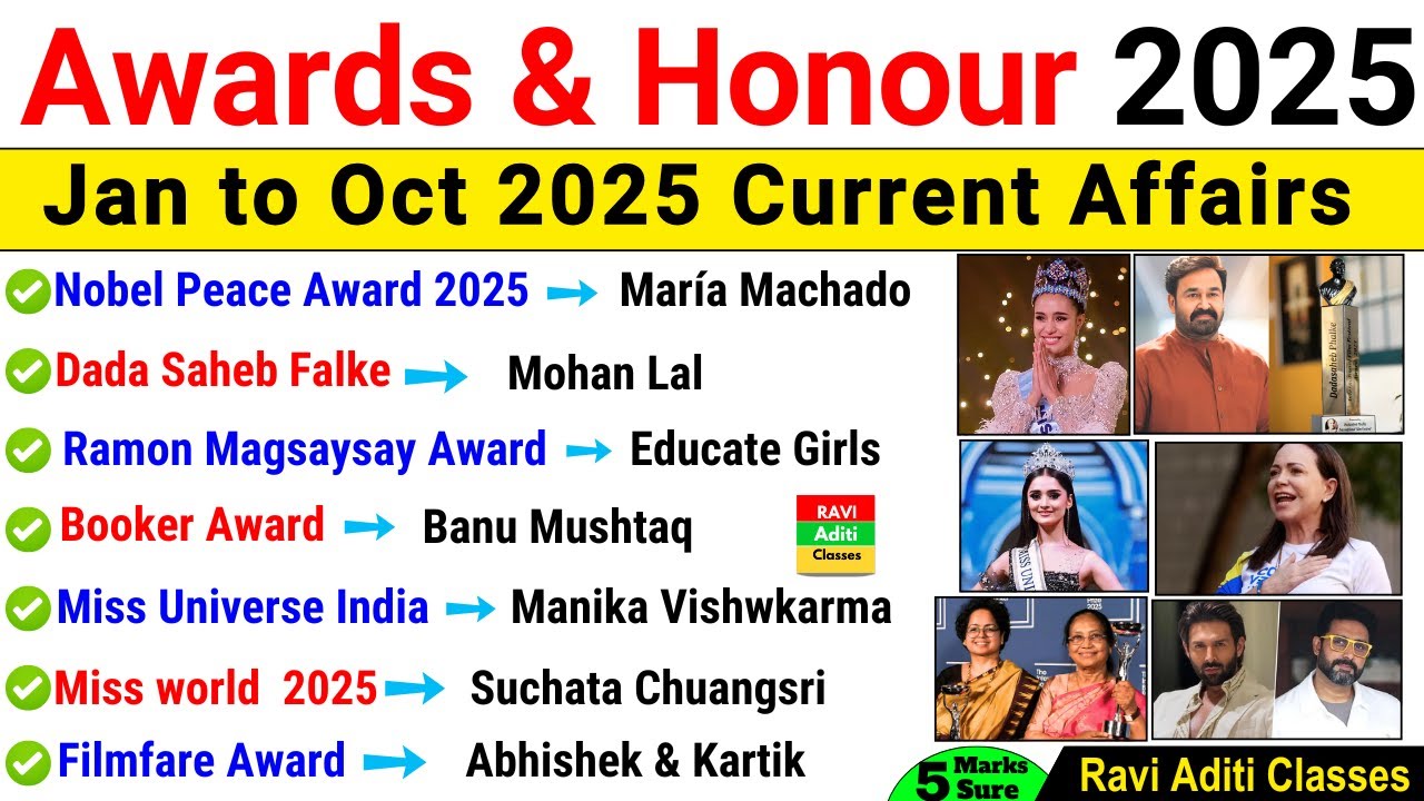 Awards and Honours 2025 Current Affairs 2025 | October 2025  | Most Important Awards 2025 |