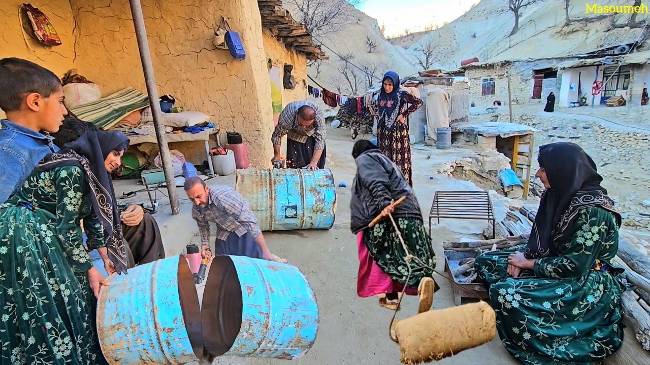 The real nomadic life of Masoumeh and her children | Making a donkey bowl from an oil barrel + heav