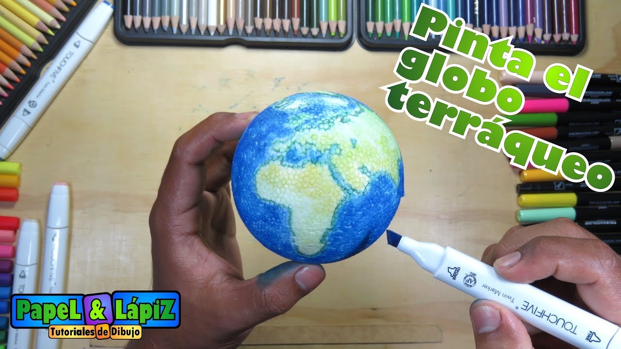 Dibuja y pinta el globo terráqueo en una bola de icopor