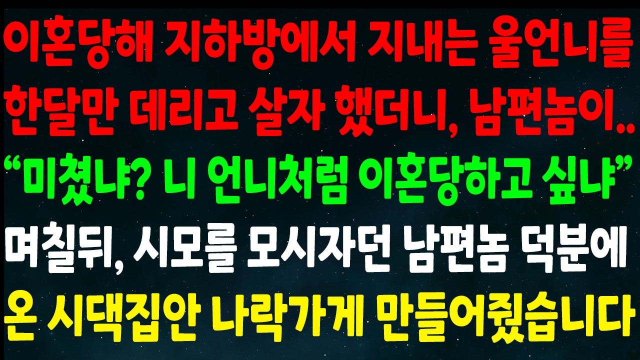 (반전신청사연)이혼당해 지하방에서 지내는 언니 한달만 데리고 살자했더니 남편이