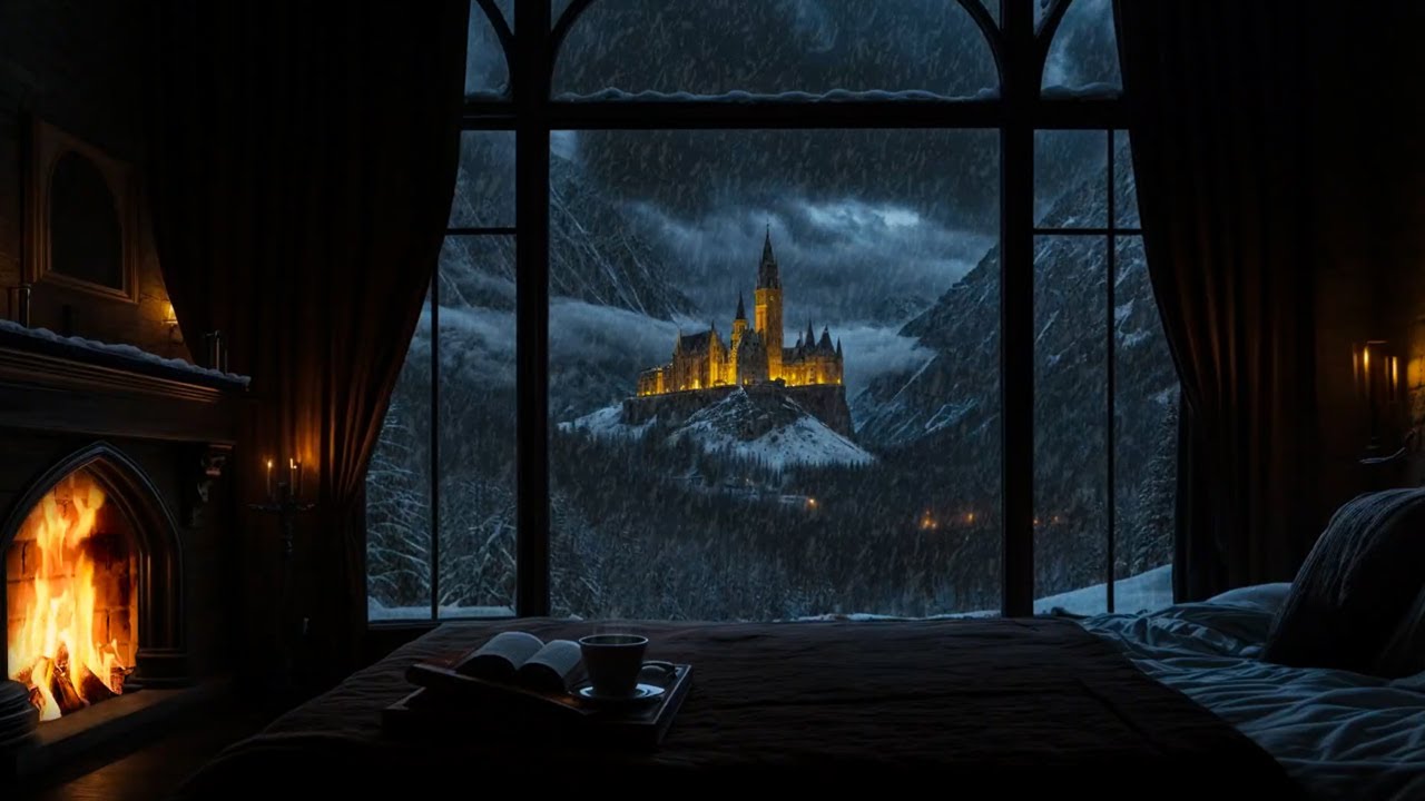🕯️ Snowy Window Bedroom | Candlelight, Fireplace & Peaceful Deep Sleep
