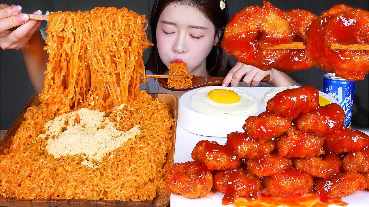 ASMR MUKBANG | Сырная и острая лапша рамэн 🧀 Острые жареные кольца креветок 🍤🔥