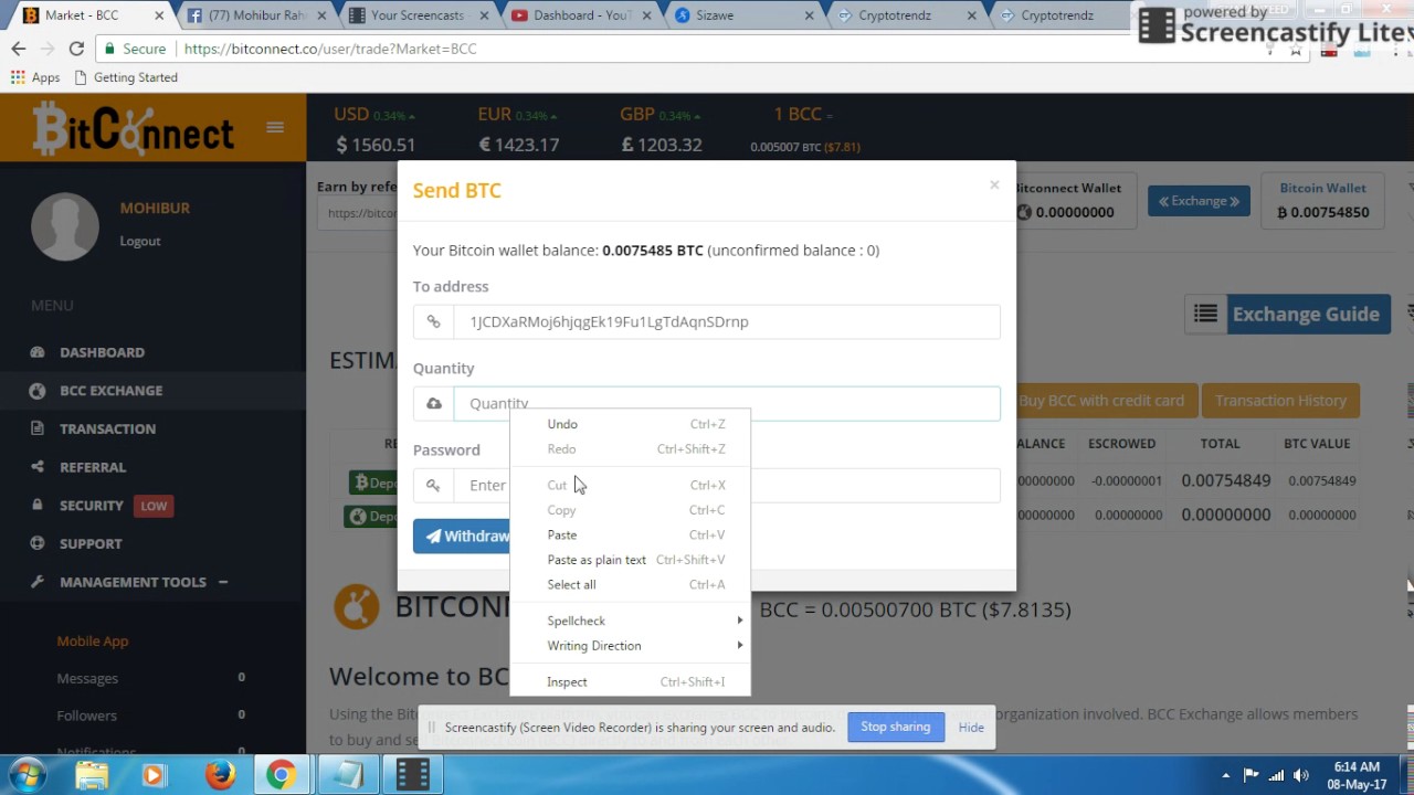 2nd Part withdraw of BITCONNECT.CO