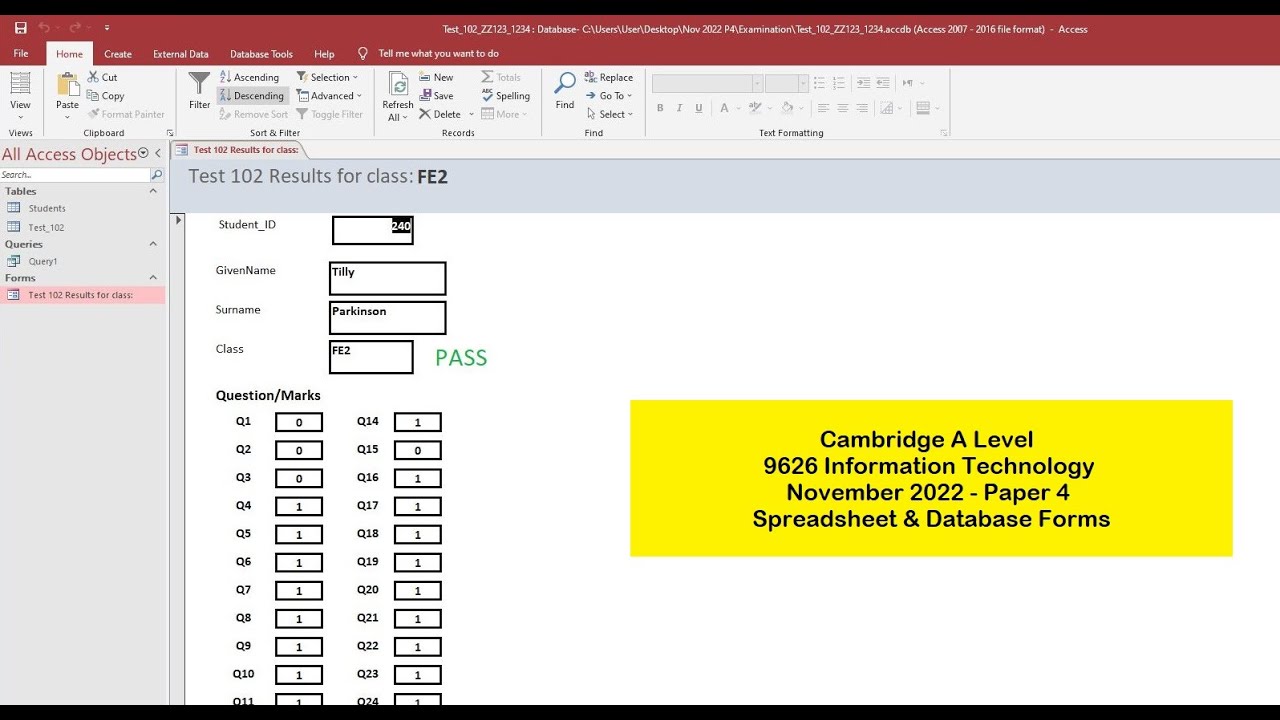 A Level IT 9626 November 2022 Paper 4 -Spreadsheet & Database