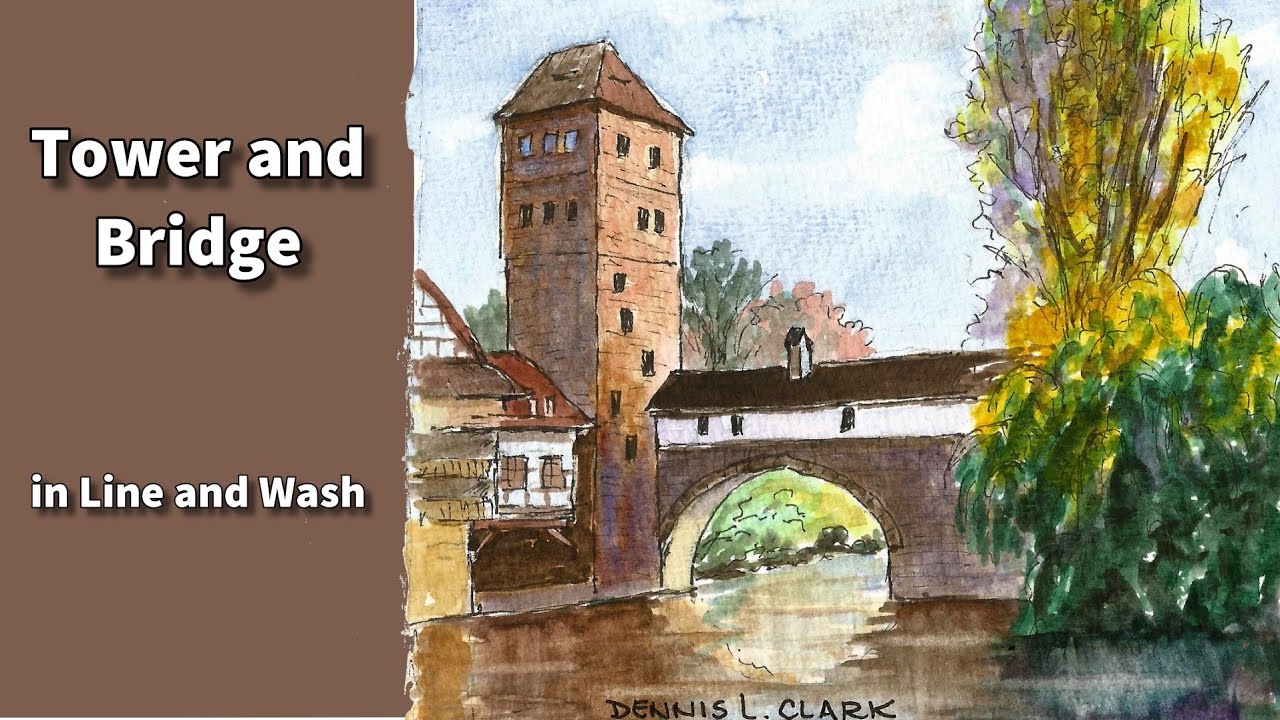Line and wash watercolor painting tutorial - how to draw and paint a tower and bridge