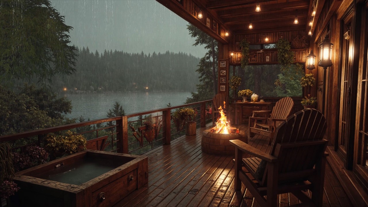 Midnight Rain by the Lakeside Porch (NO ADS) Cozy Fire Sounds for Deep Sleep & Stress Relief ASMR 😴