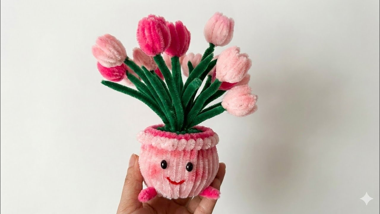 Tulips 🌷 Create a beautiful tulip flower pot using pipe cleaner ⚘️  easy tulip flower craft