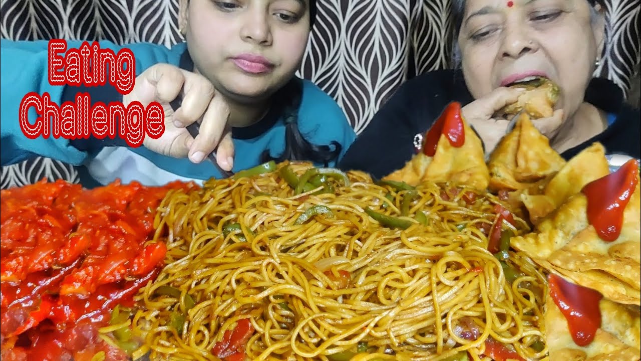 Chowmein, Chilli Potato, Samosa Eating Challenge. ASMR Eating Challenge Spicy Indian Street Food