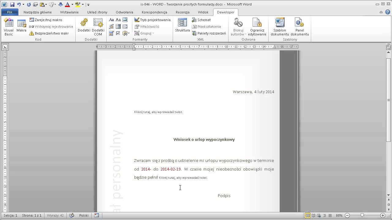WORD - Tworzenie prostych formularzy