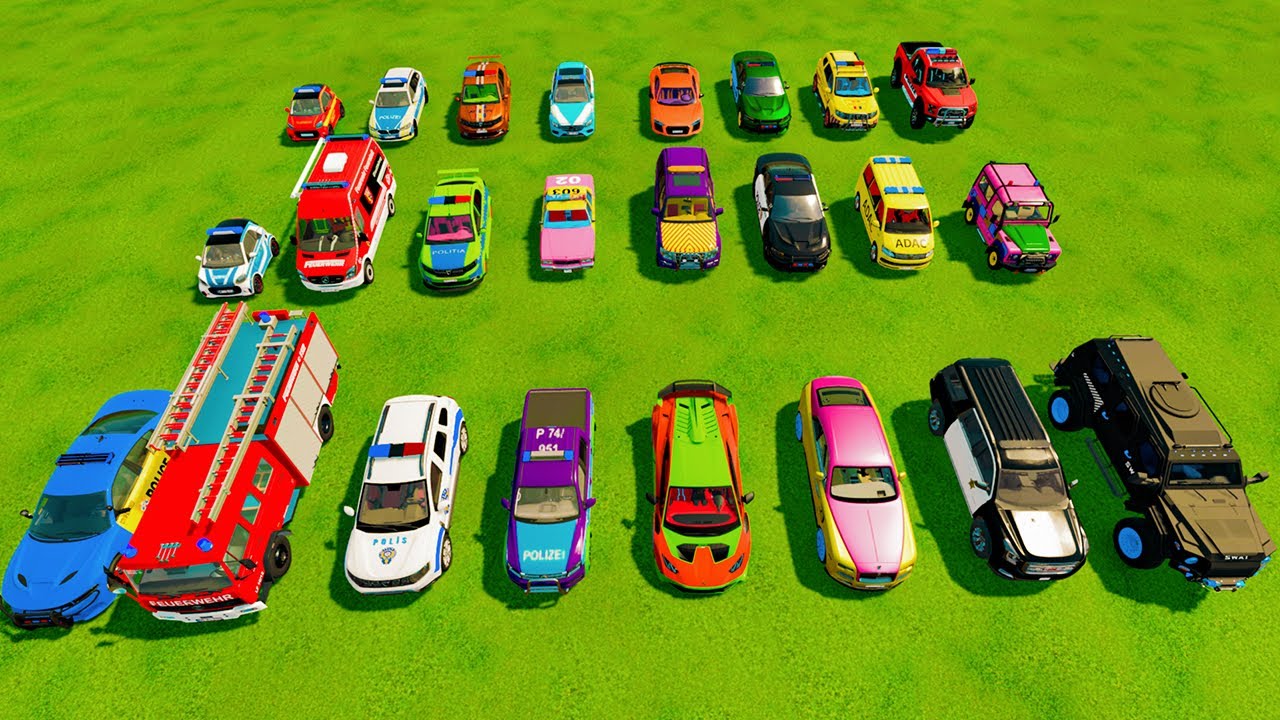 TRANSPORTING CARS, AMBULANCE, POLICE CARS, FIRE TRUCK OF COLORS! WITH TRUCKS! - FS 22