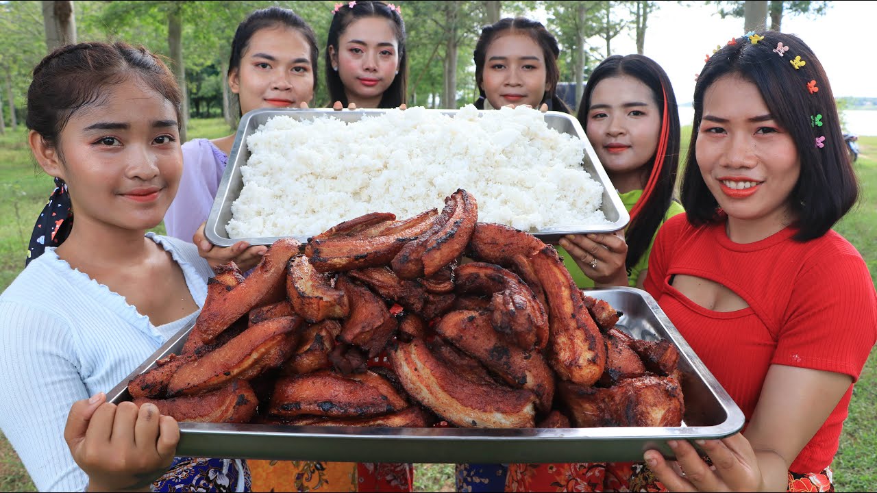 Wow yummy cooking pork crispy with rice in my village