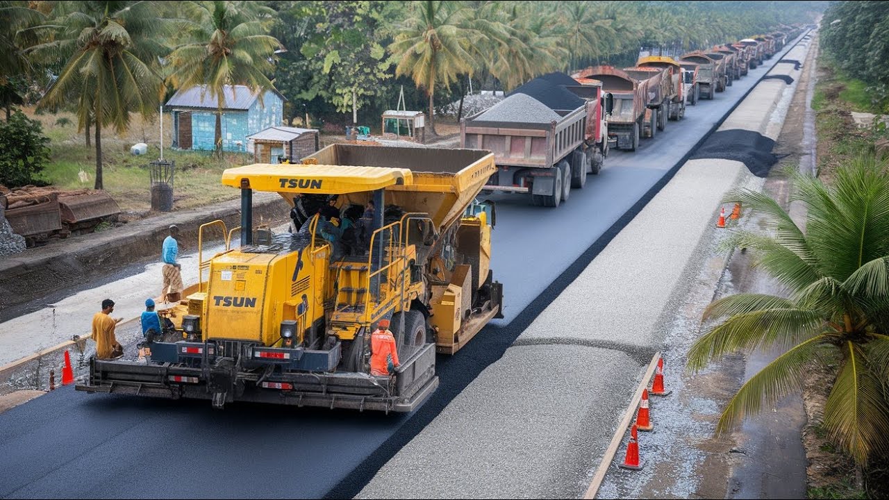Advanced paving machine spreading fresh gravel on roads with multiple dump trucks delivering gravel