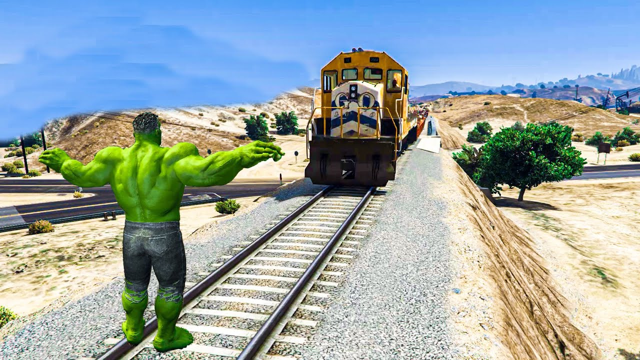 GTA V : GREEN HULK, RED HULK, BLUE HULK VS TRAIN CHALLENGE IN GTA 5