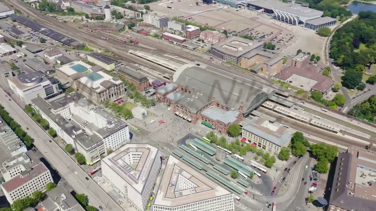 Bremen, Germany.  German for Bremen main train station. View in flight, Aerial View Hyperlapse, Poin