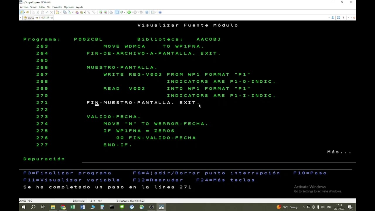 Ejecutamos en un AS/400 con DEBUG un programa Cobol