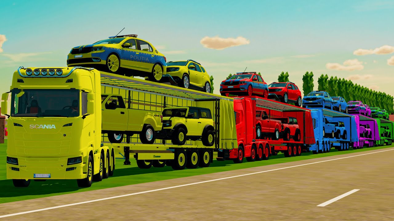 TRANSPORTING CONVOY POLICE CARS, DACIA, FORD & SKODA CARS WITH TRUCKS - FS25