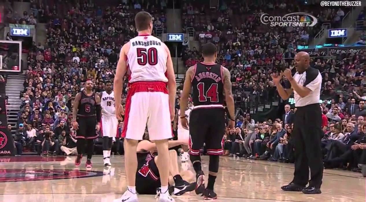 Tyler Hansbrough tackles Mike Dunleavy