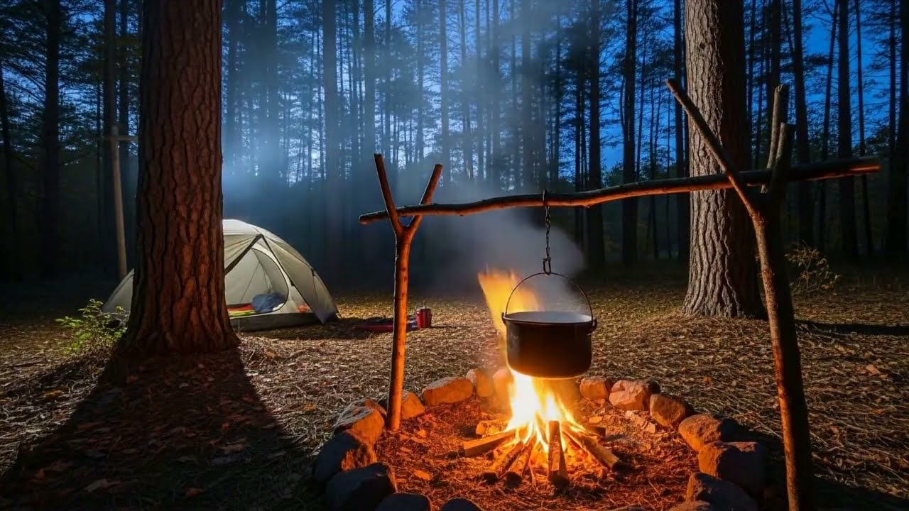 Cozy Fireplace Ambience with Crackling Fire Sounds ⏐ Cozy & Peaceful - Bushcraft Pot Hanger fire