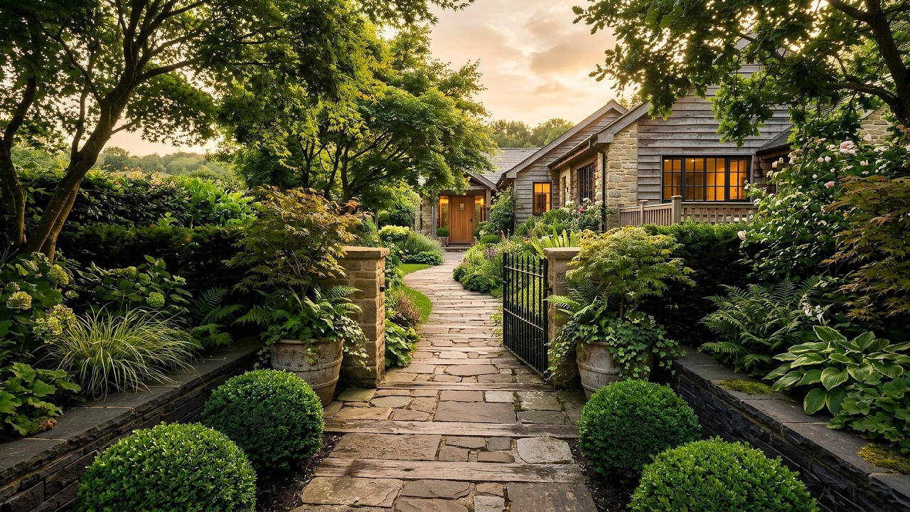 Charming Cottage Garden Pathway at Sunset With Lush Green Plants and Stone Walkway Leading Home