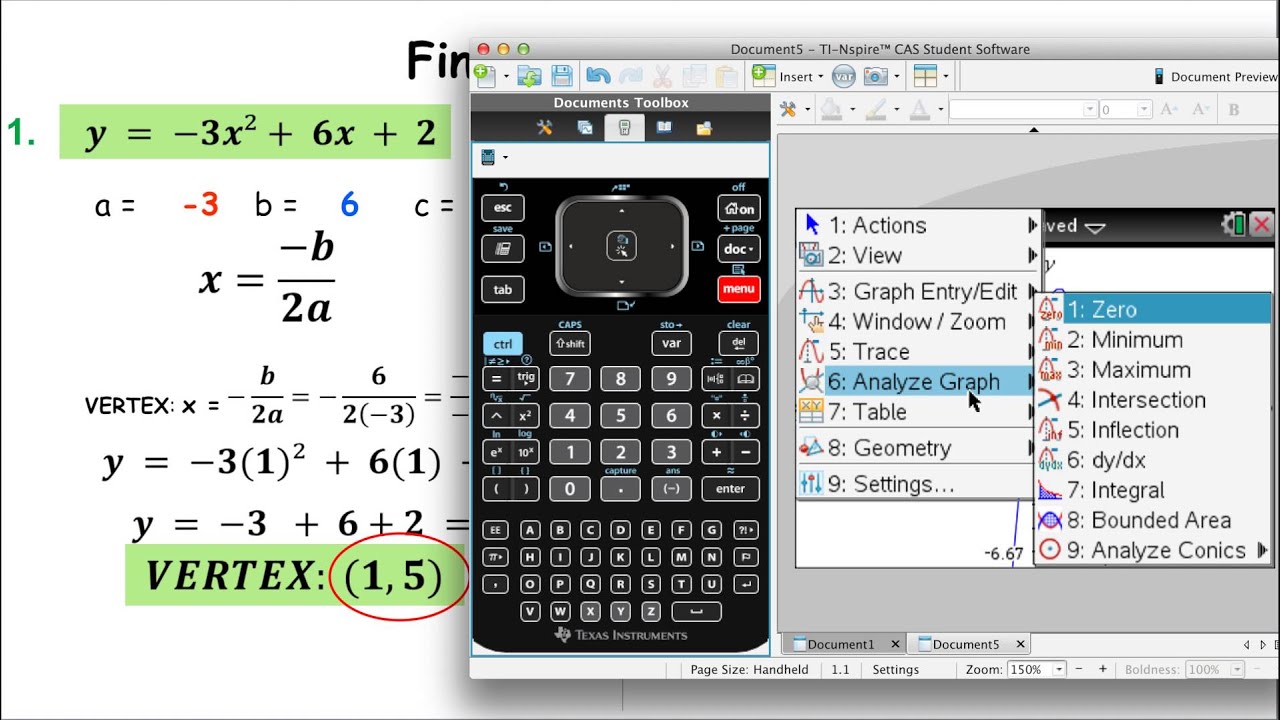 Finding the vertex on ti nspire
