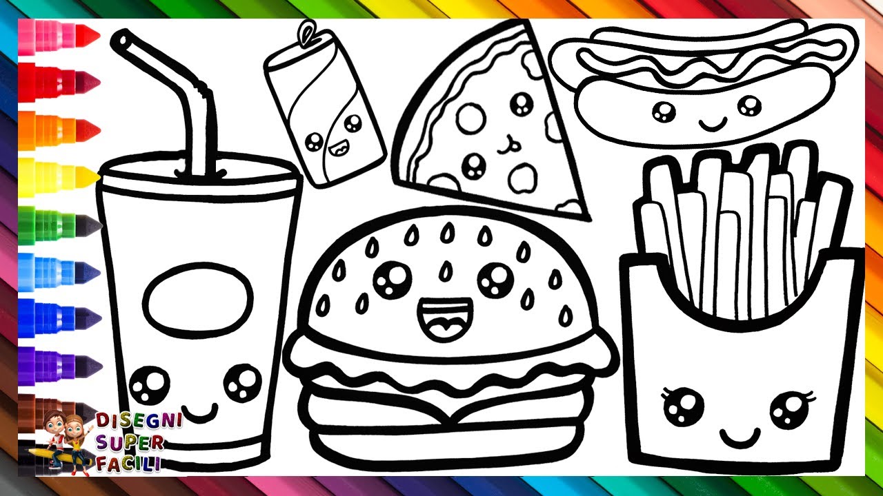 Come Disegnare il Fast Food 🍔🍕🌭🥤 Disegnare e Colorare Carini Cibi Veloci 🌈 Disegni per Bambini